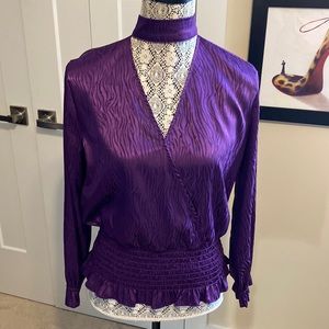 New York & Co purple top, choker collar, long sleeve, elastic waist, sz S